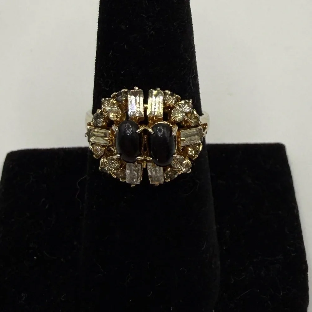 KAO Gold Tone Black Enamel Crystal Cocktail Ring Size 7.25